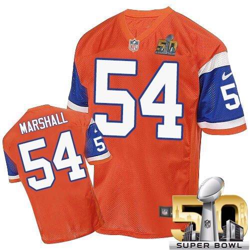 Nike Broncos #54 Brandon Marshall Orange Throwback Super Bowl 50 Men's Stitched NFL Elite Jersey - Click Image to Close